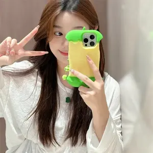Minimalist 3D Cute Apple Core Chain Silicone Phone Case Casing Accessories Compatible With iPhone16 15 14 13 12 Pro Max 14 15 Plus Protective Cover