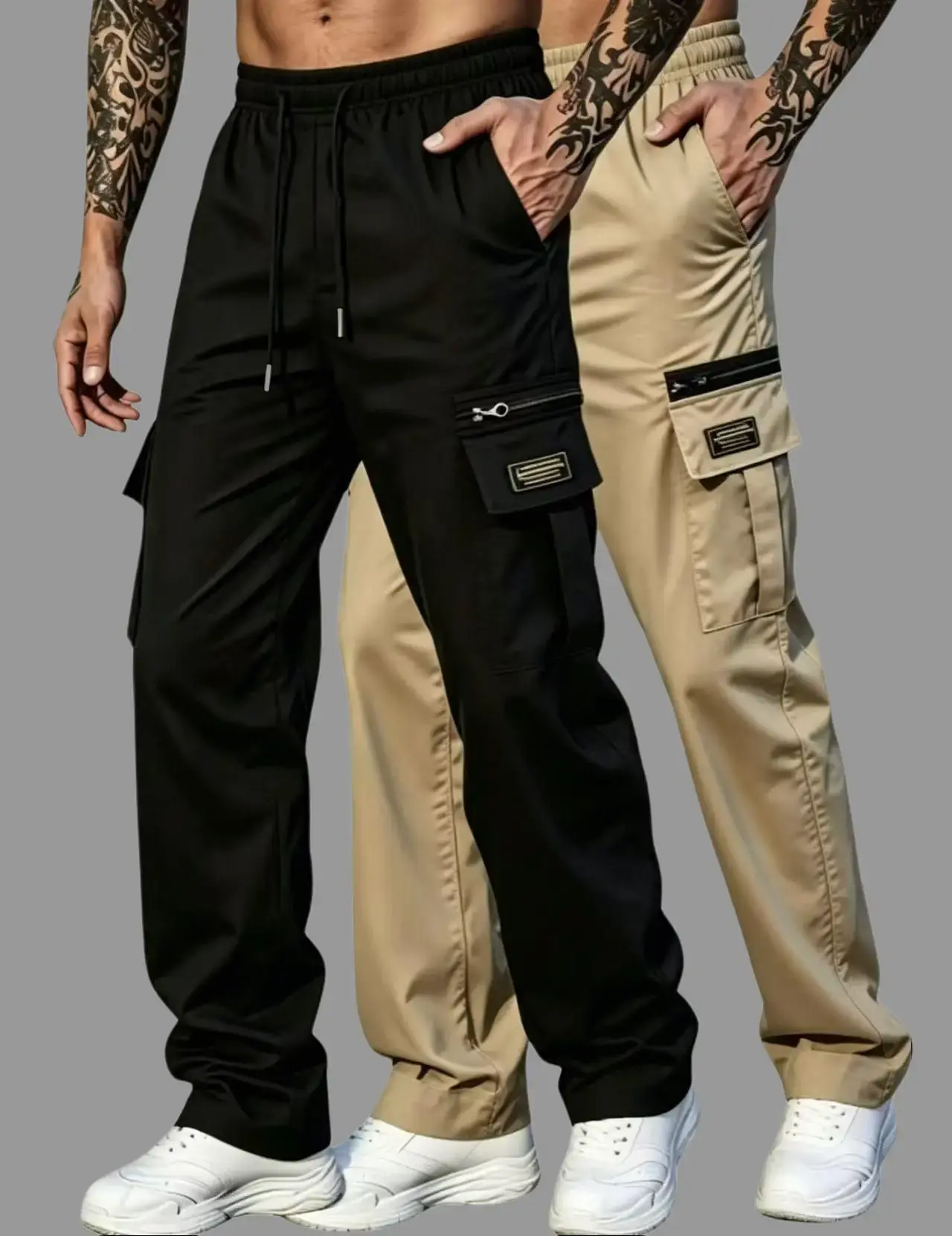 Men's 2-Pack Straight Leg Cargo Trousers, Multipack Tactical Multi Pocket Drawstring Waist Loose Fit Bottoms, Lightweight Breathable Casual Summer Wear for Travel Streetwear & Work