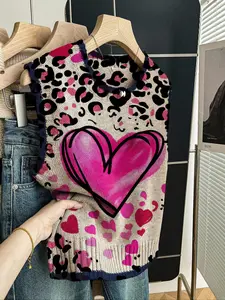 Women's Casual Loose-Fitting Round Neck Sleeveless Sweater, Heart Print Color-Block Cardigan for Spring Summer Fall Winter
