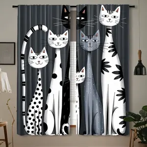2pcs Cat Print Curtains - Modern Lightweight Polyester, Rod Pocket Style, Suitable for Living Room and Bedroom, Machine Washable, Lively Animal Design with Black Cat and Plaid Background, Perfect Modern Home Decoration, Living Room Curtains