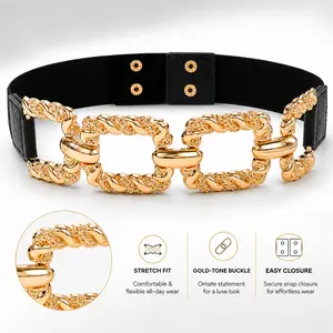 Women’s Gold Chain Elastic Waist Belt, Stretch Dress Belt with Button Closure, Fashion Waistband for Dresses, Blazers, Skirts & Summer Outfits