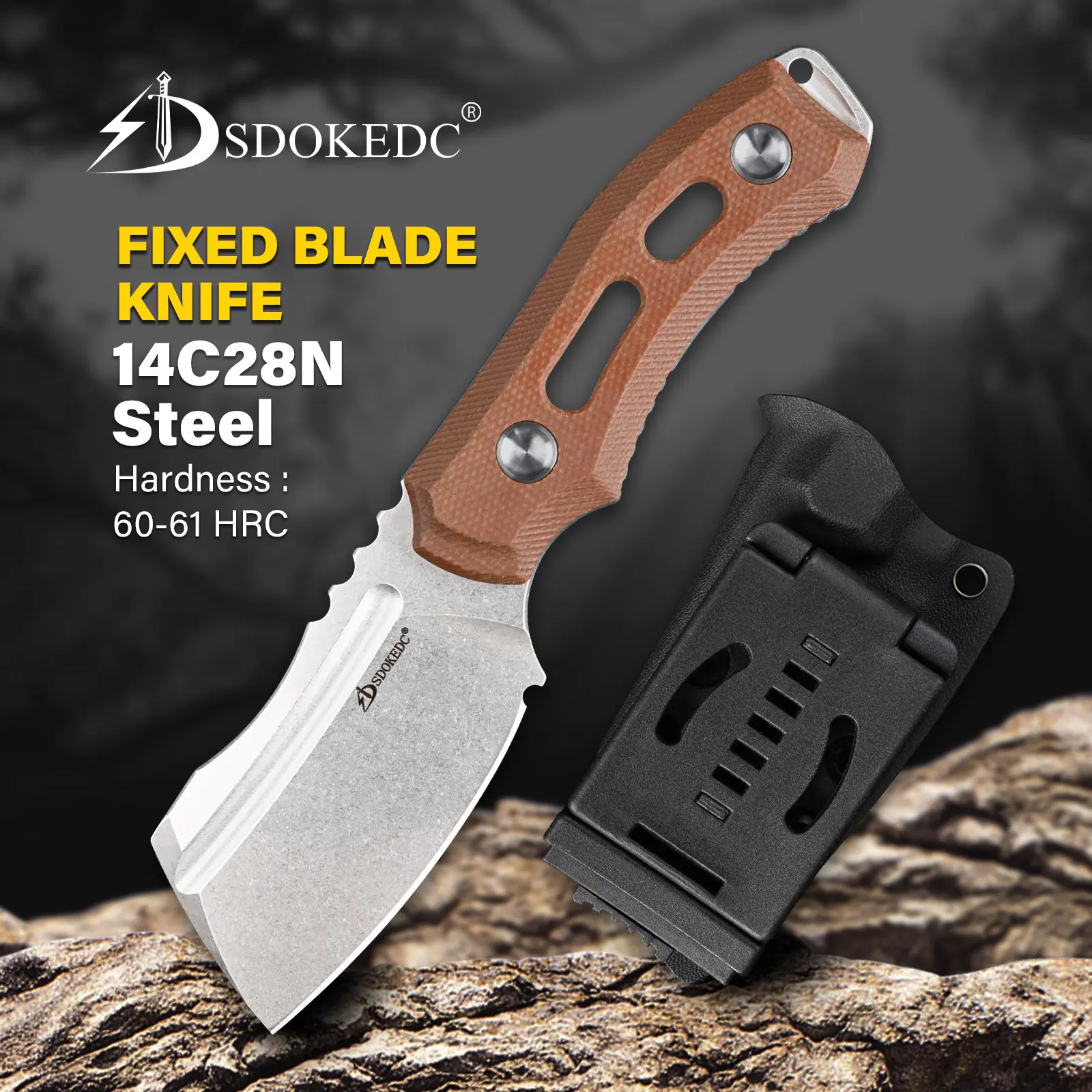 SDOKEDC EDC Fixed-Blade Knife, 14C28N Steel Well Designed Blades, Micarta Handle, Kydex Sheath – Survival Tools, Tactical Tool for Men’s Outdoor Camping Emergency Use