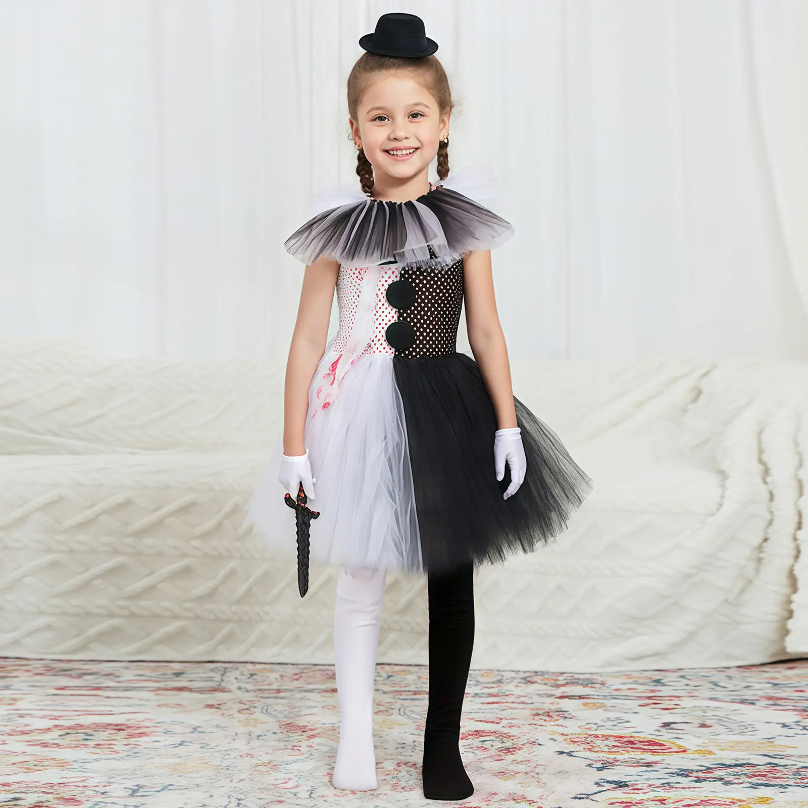 Toddler Clown Costume Set Girls Tulle Dress Knife Socks Gloves Hairpin Sets for Halloween Party Cosplay
