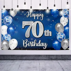 Happy 70th Birthday Decorations 70th Blue & Silver Balloon Large Birthday Banner Backdrop Sign Cheers to Seventy Years Old Bday Party Supplies