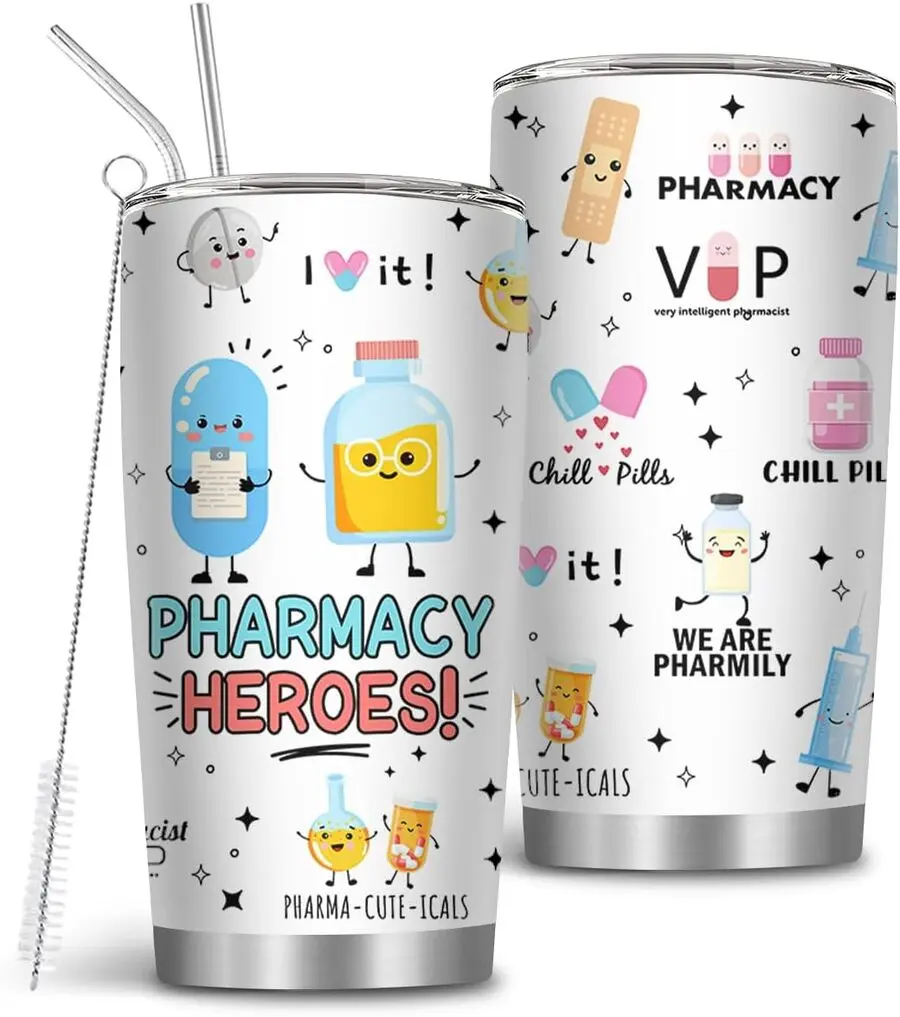 1 PCS 20oz Insulated Anti-Scalding Stainless Steel Mug, Stylish Portable Drink Cup for Pharmacists & Adults, with Lid, Brush & Straw, Ideal for Coffee, Appreciation Days-Birthday-Thanksgiving Gift