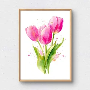 Pink Tulips Art Print Floral Wall Art Spring Flowers Watercolor Style Botanical Poster Minimalist Home Decor | Unframed H
