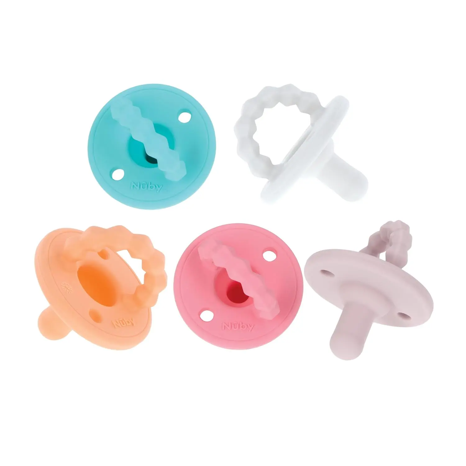 Nuby Softees Silicone Pacifier & Teether Set, 5-Pack for Newborn Baby, 0+ Months Soothing Teething Relief, BPA-Free, Assorted Pastel Colors