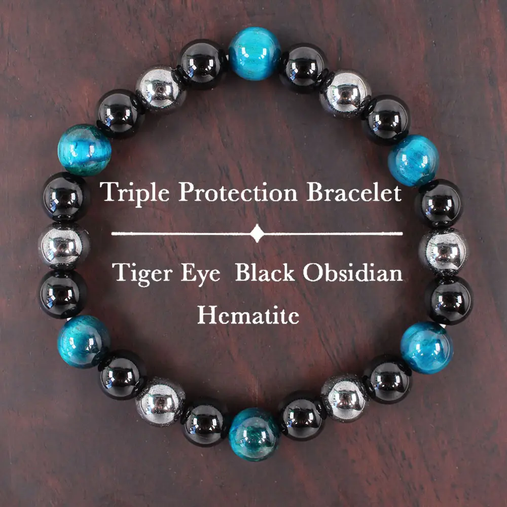 Triple Protection Bracelet Tiger's Eye Black Obsidian Hematite Healing Crystal Bead Gorgeous Beads Stone Gemstone Jewelry Energy Love Girlfriend Boyfr