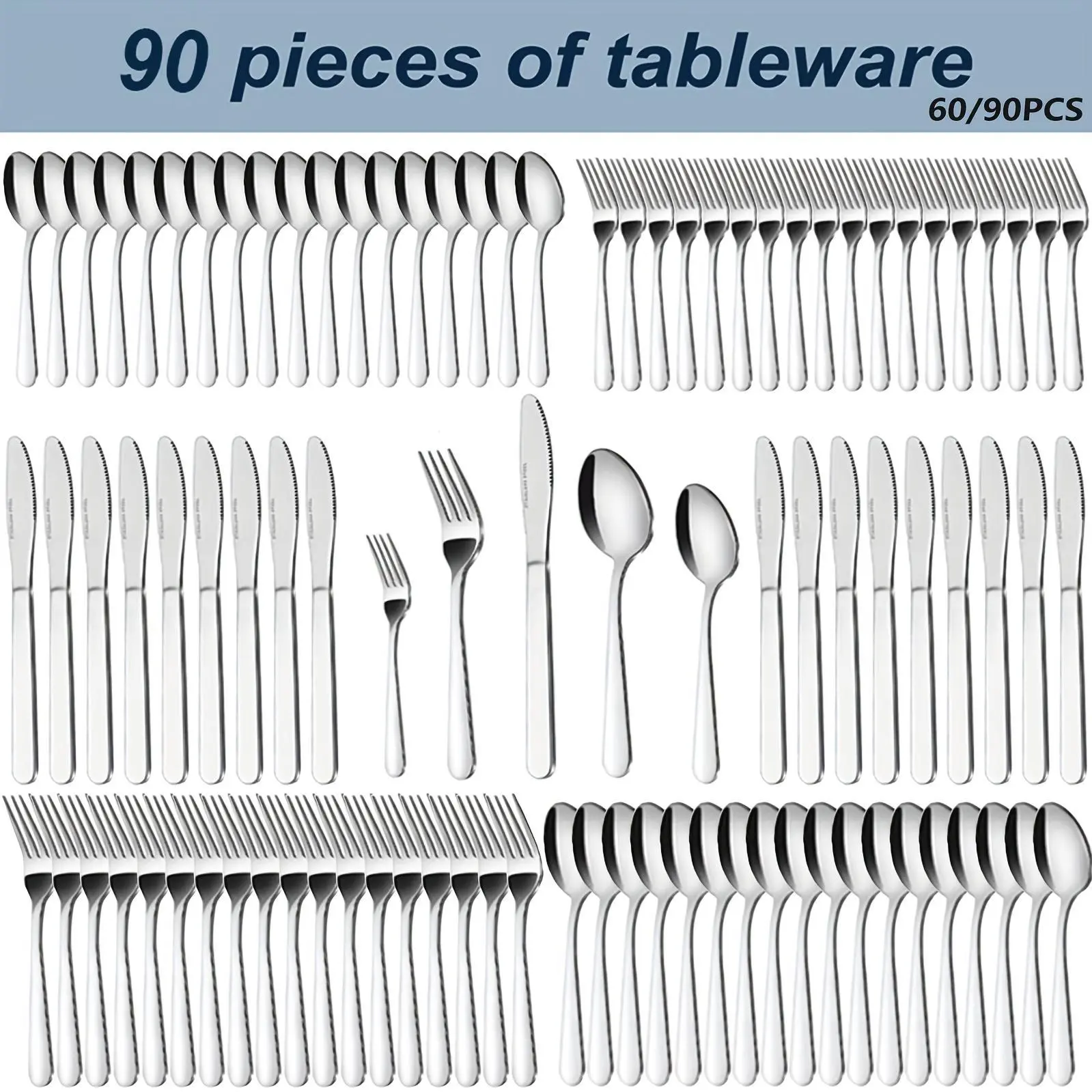 90P Stainless Steel Silverware Suitable for 18 People to Use, 60/90pcs, Steak Knife, Salad Fork, Dessert Spoons, Cutlery Set with Gift Box, Kitchen Accessories, Home Outdoor, Wedding Camping Stuff, Halloween Party Gift, Dishwasher Safe