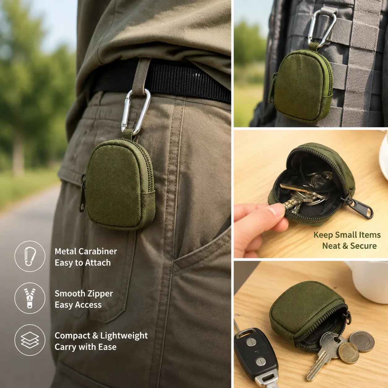 Durable Mini Storage Pouch, Portable Solid Color Organizer with Carabiner for Keys, Coins, Earphones, and Daily Carry, Organize, Zippered Bag Organizers