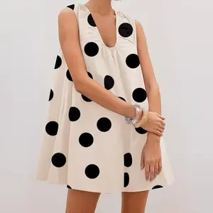 Womens Spring Summer Mini Dress Casual Loose Fit Stylish Dot Print V Neck Sleeveless Tank Dress