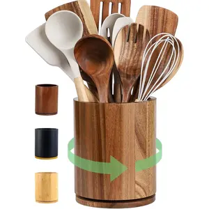 360°Rotating 7.3'' Large Acacia Wood Utensil Holder, Farmhouse Kitchen Counter Utensil Organizer Crock for Kitchen Countertop Decor