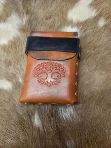 Handmade Leather Cigarette Case Tree of Life Design Black Tan Smoking Accessory Gift