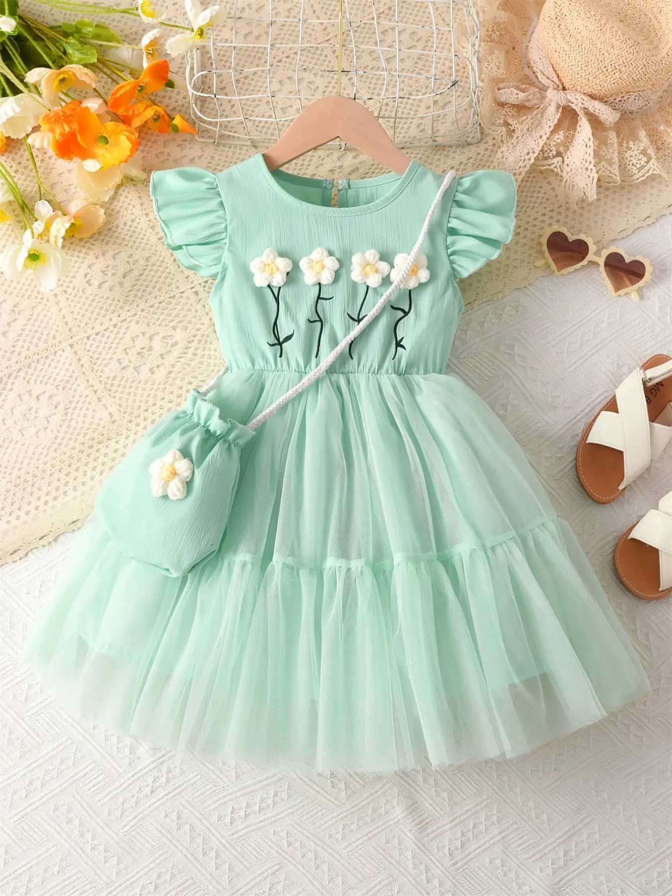 Girls Mint Floral Casual Mesh Dress with Matching Small Bag, Pleated Sleeve Design, Embroidered Flower, Lightweight Layered Skirt, Spring Dresses, Summer Dress, Embroidery Dress, Little Girl Dress
