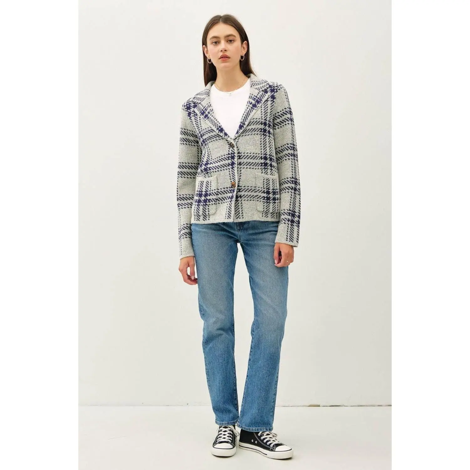 Be Cool Plaid Long Sleeve Sweater Jacket with Front Patch Pockets