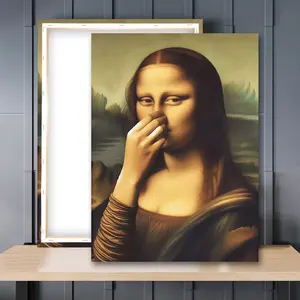 1pc Wooden Framed, Parody Mona Lisa Bathroom Hanging Wall Art Canvas Painting, Covering her Nose Vintage Bad Smell Art Poster Print Wall Pictures, Toilet Humor Funny Leonardo Davinci Inspired Bathroom Wall Decoration, Modern Home Decor