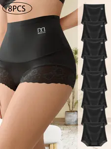 QUASTI 8PCS High Waist Underwear for Women, Sexy Lace Boxer Brief, Full Coverage Underwear Soft & Skin Friendly Women Body Slim Abdominal Underwear, Back to School Gifts for Girls