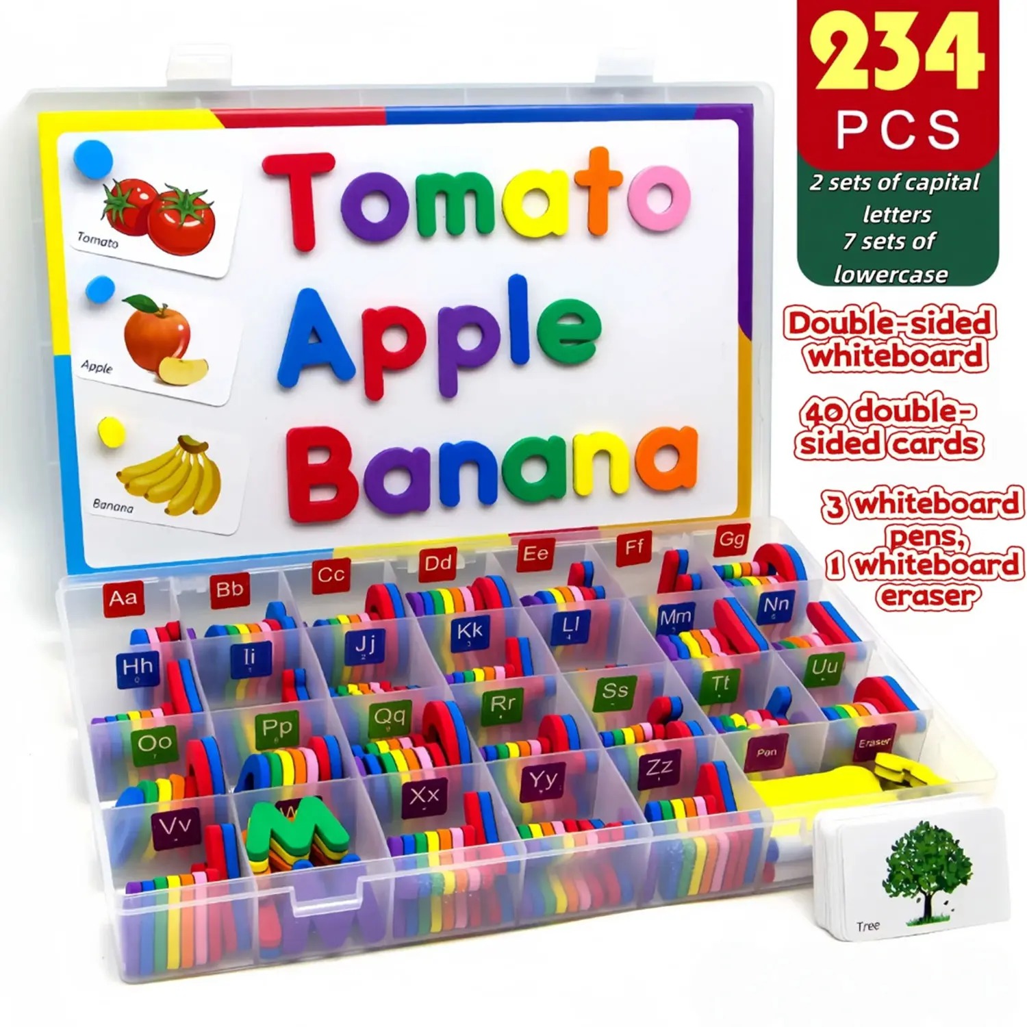 The magnetic letter learning set for toddlers includes 234 magnetic letters, a double-sided whiteboard, 3 markers, an eraser, cards and a storage box, as well as learning materials, Learning Tool