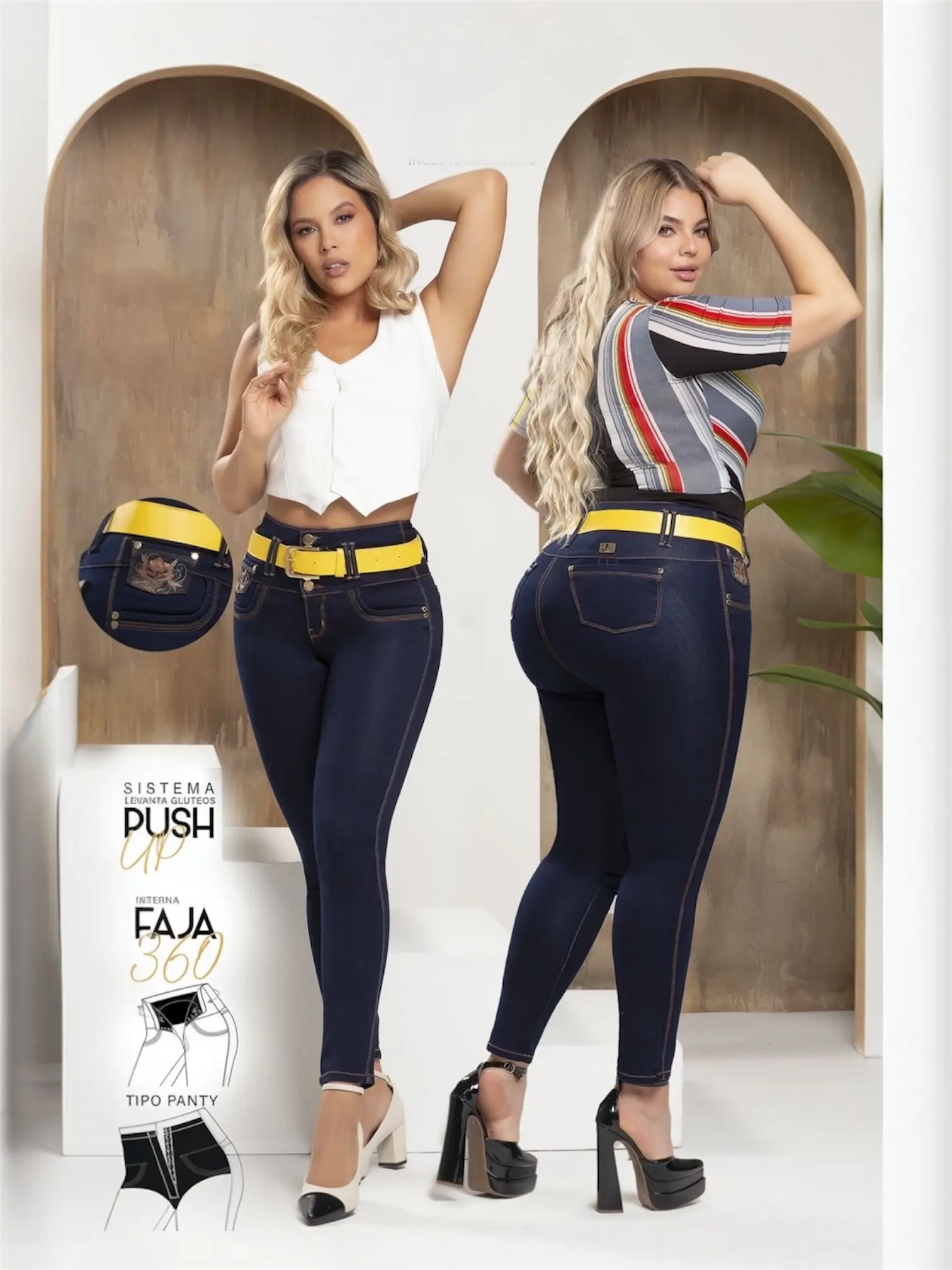 19-Jeans Colombianos - High Waisted Push Up Skinny Jeans with 360 Tummy Control Panty Shaper & Belt - Power Super Stretch Fabric - Azul Original