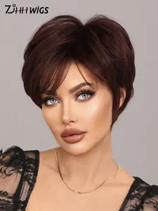 Black Purple Short Pixie Cut Wigs for 8 Inch Women Daily Summer Wig Short Dark Red Synthetic Wig With Bangs Full Machine Wig for Daily Wear & Costumes Cosplay & Everyday Style