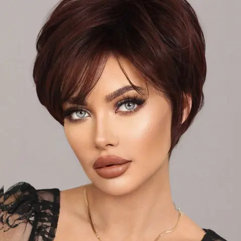 Black Purple Short Pixie Cut Wigs for 8 Inch Women Daily Summer Wig Short Dark Red Synthetic Straight Wig With Bangs Full Machine Wig for Daily Wear & Costumes Cosplay & Everyday Style Hair Wigs