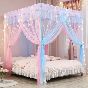 Rainbow Canopy Bed Curtains with Lights - Princess Bed Canopy for Girls - Bed Drapes Netting- Bedroom Decoration Accessories