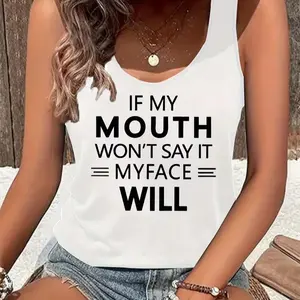 Women's Sarcastic Quote Racerback Tank Top - Lady's Everyday Fit Clothes, Lightweight Polyester-Spandex Fabric, "If My Mouth Won’t Say It My Face Will" Design,summerwins