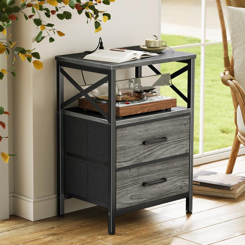 Huuger Night Stand with Charger Station, 2 Drawer Nightstand with Open Shelf, Bed Side Table with USB-C Port, End Table, Compact Size for Small Spaces, X Shaped Side Rail Huuger Night Stand with Charger Station, 2 Drawer Nightstand with Open Shelf, Bed Side Table with USB-C Port, End Table, Compact Size for Small Spaces, X Shaped Side Rail