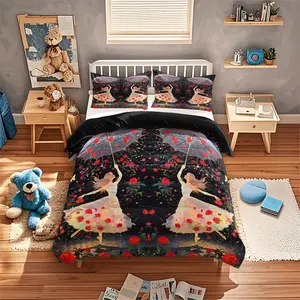 Dance Under Umbrella Print Bedding Set, 1 Duvet Cover + 2 Pillowcases, High-Definition Printing, Home & Dormitory Bed Linen