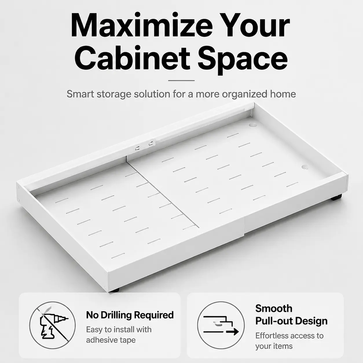 Space-Saving Adjustable Organizer Set, Pull Out Cabinet Organizer - Expandable Slide Out Drawer (12"-18" W,14"-24" D), No-Drill Roll Out Shelf with 3 Rails, Heavy-Duty Kitchen & Bathroom Storage Rack