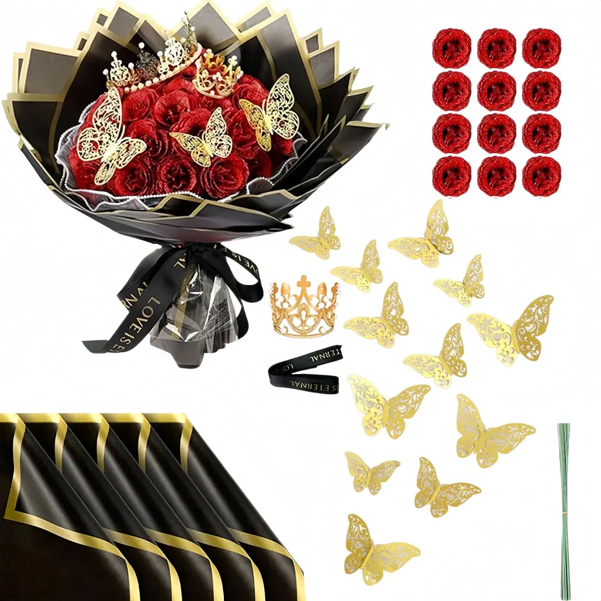 Glowing Rose Artificial Bouquet Kit, Artificial Flowers, Includes 12 Glowing Roses, Crown, Butterflies, Packaging Paper, Ribbon, Perfect for Wedding Decor, Valentine's Day, Anniversary Gifts