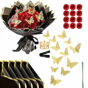 Glowing Rose Artificial Bouquet Kit, Includes 12 Glowing Roses, Crown, Butterflies, Packaging Paper, Ribbon, Perfect for Wedding Decor, Valentine's Day, Anniversary Gifts