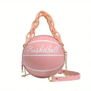Circular Ball Carrier, Chain-Link Basketball Tote, Multi-Functional Ins, One-Shoulder Crossbody, Korean-Inspired Compact Round Purse, Ladies' Bag