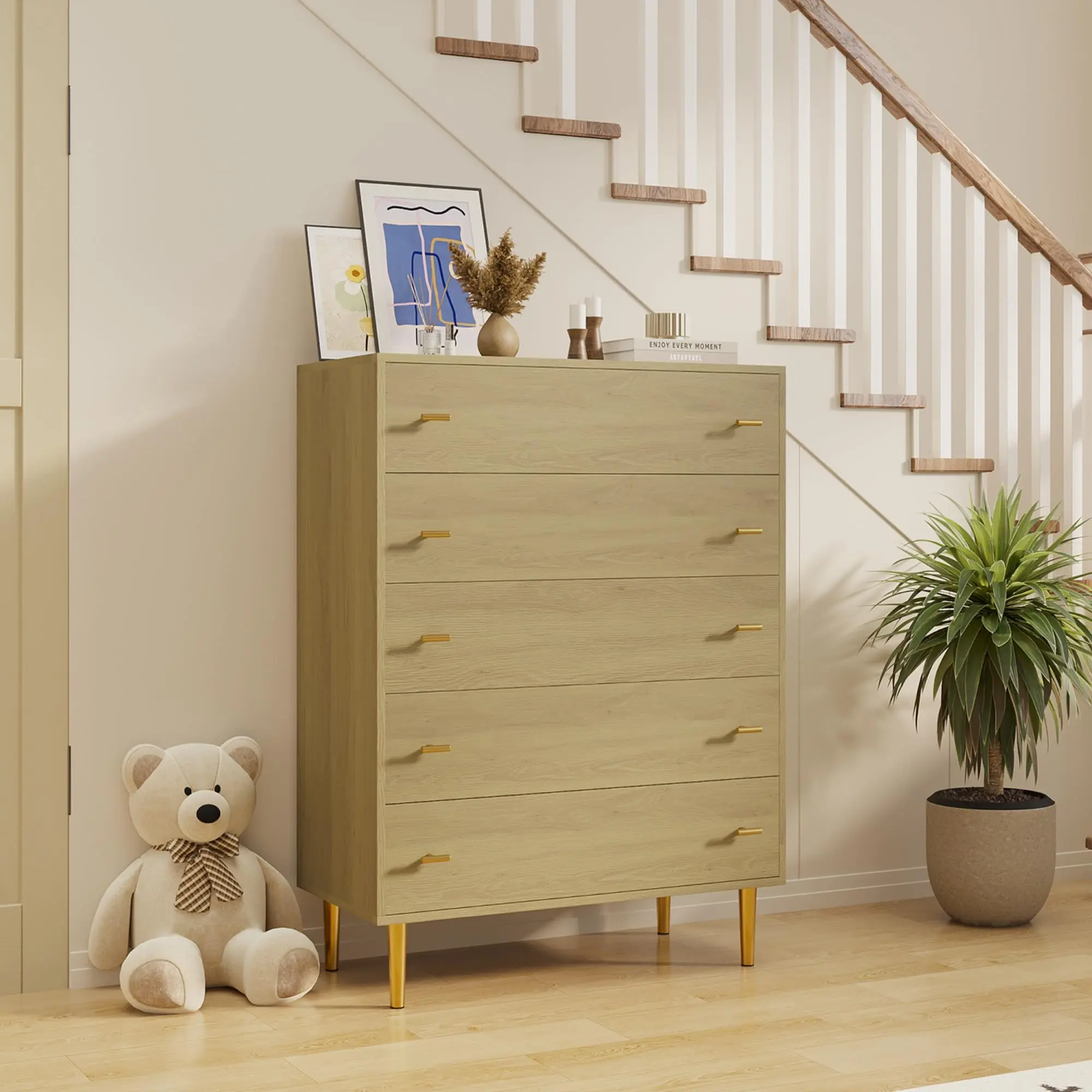 Garvee Farmhouse 5-Drawer Natural Wood Dresser, 44-Inch Tall Rustic Chest with Large Drawers and Bar Handles, Featuring Natural Texture and Drawer Organizer for Bedroom, Living Room, Hallway, and Entryway