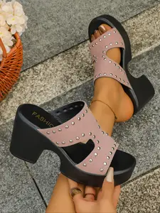 Women's Coffee Brown Studded Platform Mule Sandals, Cut-Out PU Upper with Chunky Block Heel, Non-Slip Open Toe Dress Shoes for Party, Daily Wear and Summer