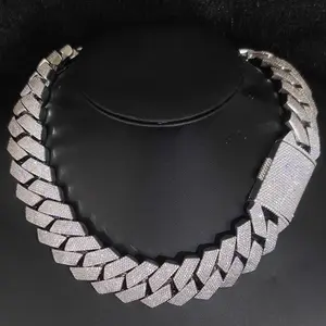 25mm Wide 4Rows Solid Silver Cuban Link Chain Iced Out Necklace for Rapper Hip Hop Pass Test