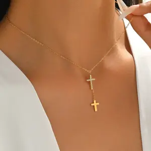 Double Cross Diamond-Embellished Collarbone Chain - Light Luxury Niche Design Dangling Charm, Embellished Chain, Shiny Decorative, 1-Size Long Dangling Costume Jewelry Necklace, Dangling Charm Necklaces, Embellished Chain Necklaces