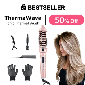 ThermaWave Thermal Brush, Blowout 1.5 inch Heated Round Brush Look with  LED Display, Auto Lock,Dual Voltage, Pink, Less Damage,  Hair Heated Curler Brush,Negative Ions ,hairstyling,long-lasting wave,prime salon-quality,curling irons,crimper for hair tikt