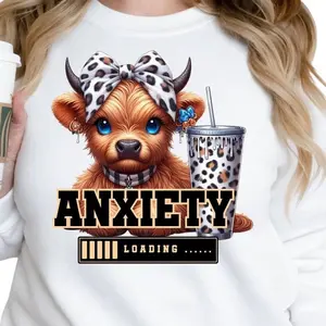 Cute Highland Cow Tshirt, Anxiety Loading, Leopard Bow Cow, Cow With Ice Coffee, Tshirt, Highland Cow t-shirt design, Funny Tshirt, Positive