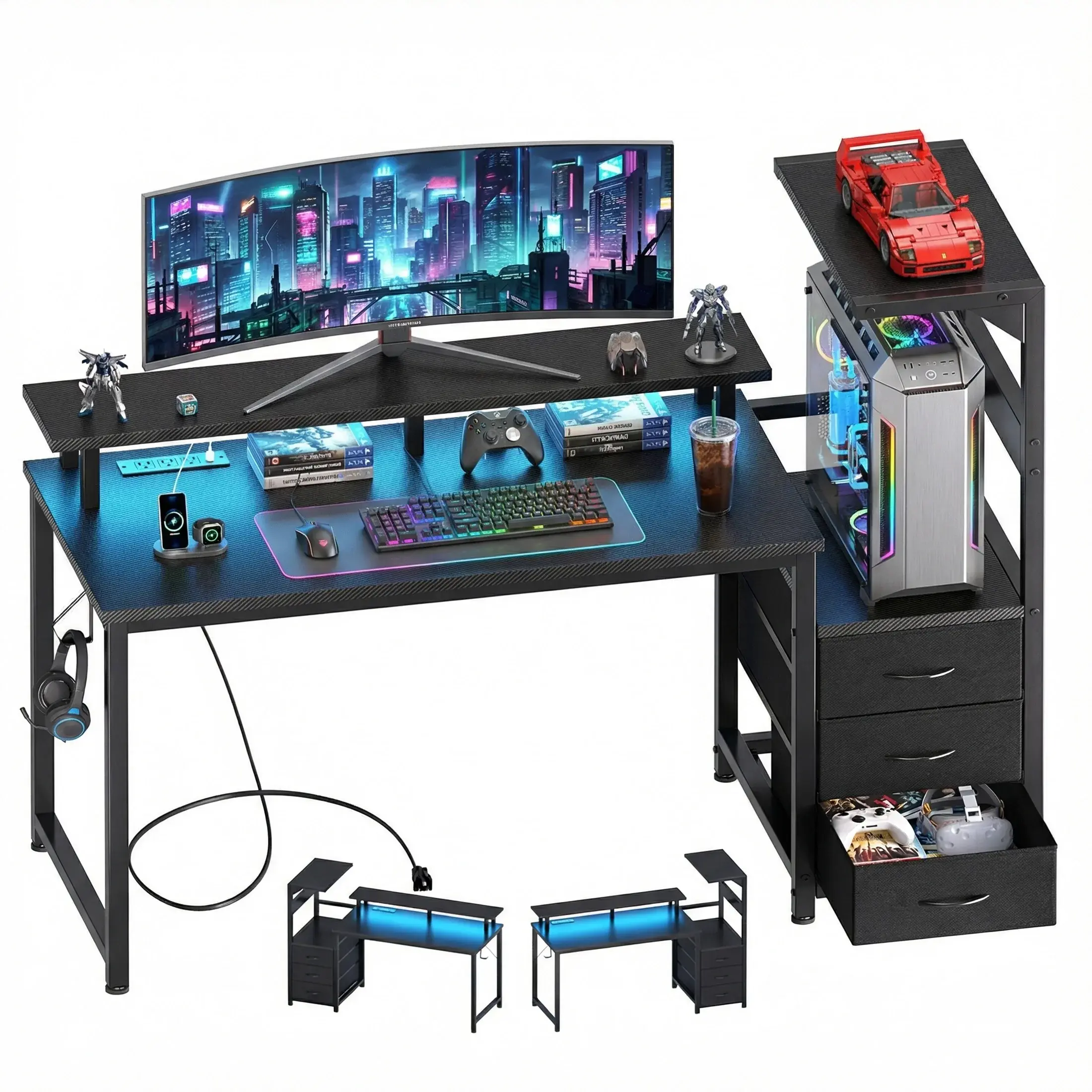 52'' Black L-Shaped Gaming Desk - Sturdy Office Wood Table with Fabric Drawers, Built-In USB Outlet, App-Controlled LEDs, Monitor Stand, Cable Management, 110-Lb Capacity for Bedroom Multi-Monitor Streaming, Desks for Gaming