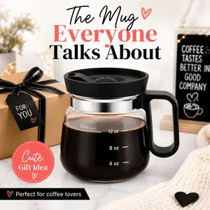 16oz Coffee Pot Shaped Glass Mug with Lid & Handle, Novelty Clear Coffee Cup for Iced or Hot Drinks, Cute Mini Carafe Mug, Funny Gift for Coffee Lovers, Home Office Desk Drinkware