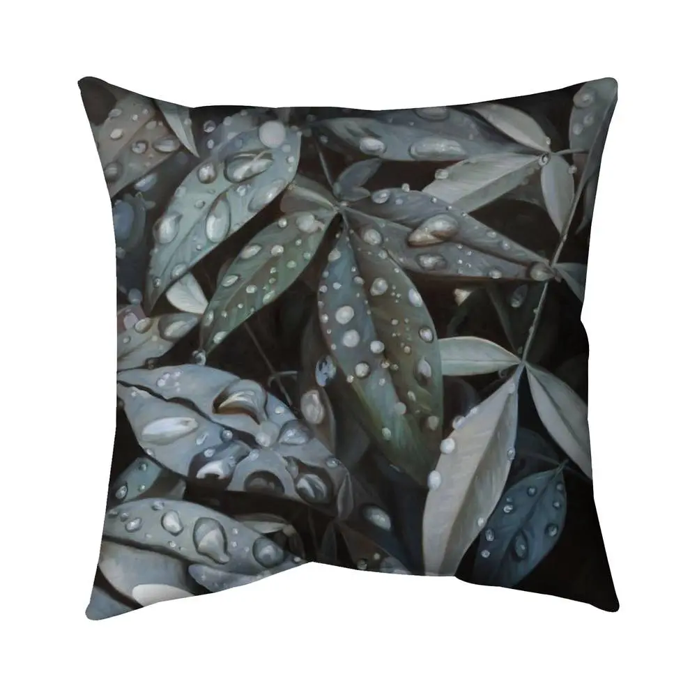 16x16 in. Polyester Natural Botanical Leaf Pillow with 360 Stand (5541-1616-FL375), Raindrop Print After Rain Design, Bathroom Decor, Soft Padded Creative Decorative Cushion, Comfy Cushions