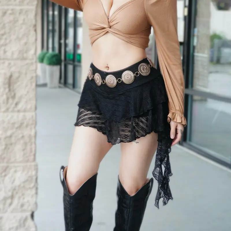 Ruffle Skort - Black Lace Skirt with Ruffle Design, Plain Pattern, Suitable for All Seasons, Comfortable and Stylish