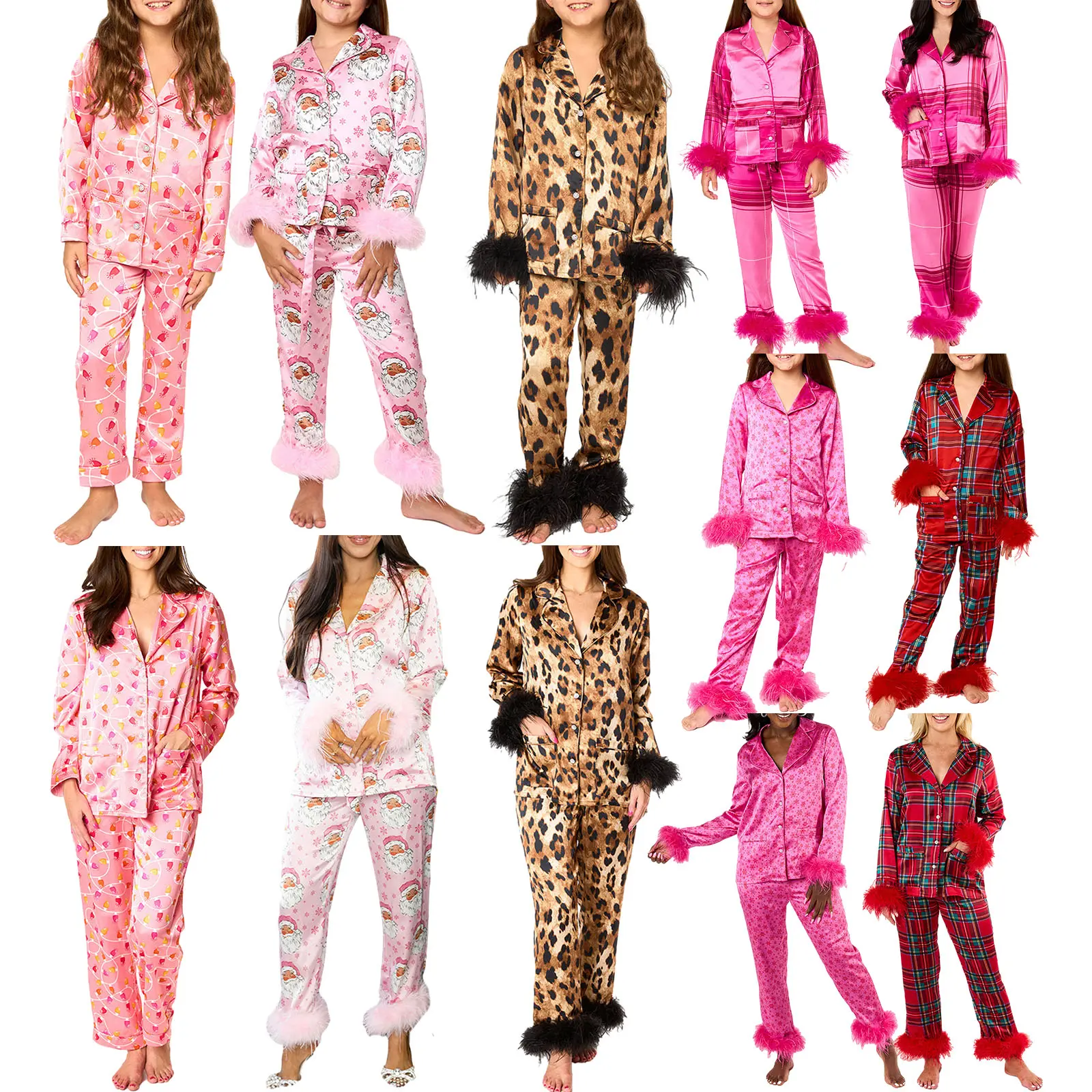 Pajama Sets for Women and Girl, Mother Daughter Matching Clothes, 2-Piece Plaid Button-Down Polyester Sleepwear Outfit, Spandex, Leopard, Print, Lady, Longsleeves