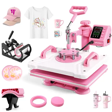 AKEYDIY Pink 15''x12'' 5-in-1 Heat Press Machine for T-Shirts - DIY Kit with 360° Swing Away, 450℉ Heat Control, Adjustable Knob Pressure, 4-Step Guide, Handcraft/Customized Craft Use for Hat Mug Cotton Pad, Beginner-Friendly SohoChic