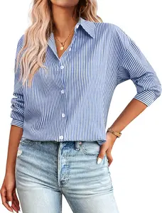 Zeagoo Womens Button Down Shirts for Women Loose Striped Long Sleeve Cotton Blouses Dressy Casual Buisness Work Tunic Top pleated blouse Collar