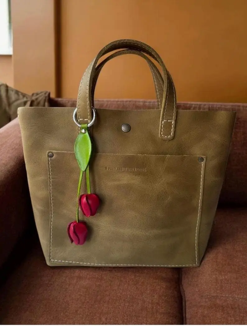 leather tulips key chain and purse charm with SILVER hardware in some colors