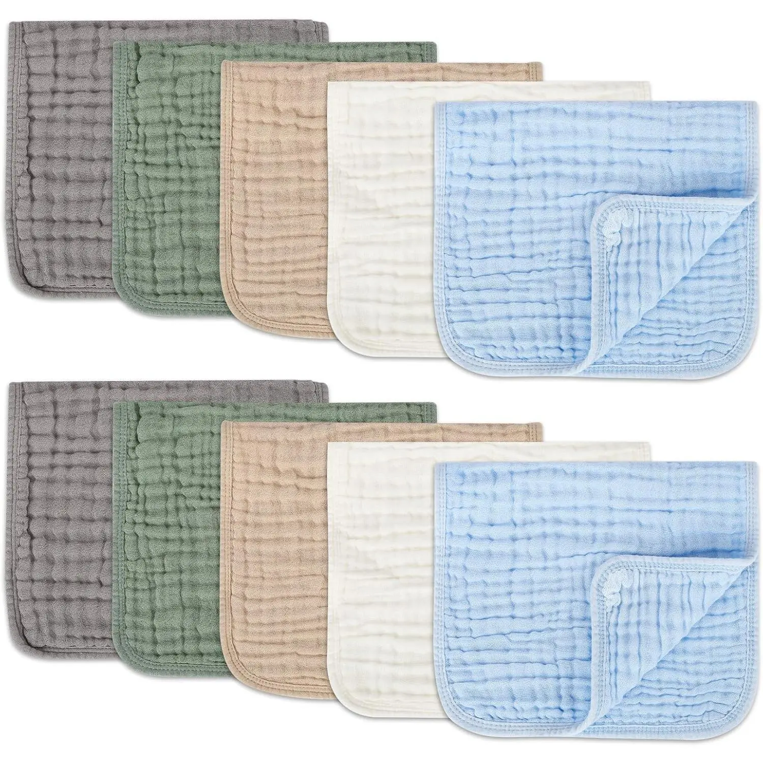 Muslin Burp Cloths Set for   Cotton  Washcloths, Large 20''x10'' Extra Absorbent and Soft 10 Pack for Boys & Girls Blue Grey Green