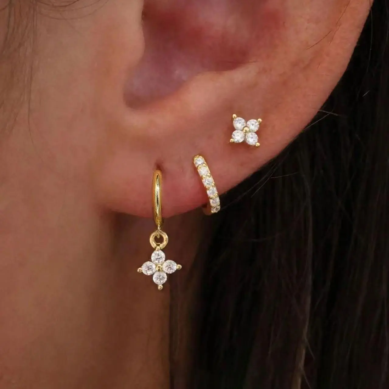 3PCS Korean Stainless Steel Sparkling Zircon Hoop Earrings Set For Women Geometric Cartilage Piercing Earring Fashion Jewelry