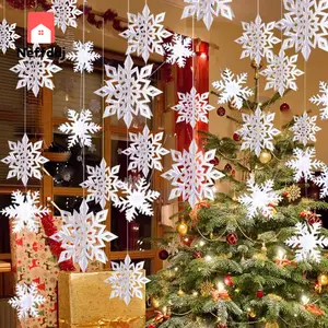 Winter Christmas Hanging Snowflake Decorations, 12PCS Snowflakes Garland & 12PCS 3D Glittery Large White Snowflake for Christmas Winter Wonderland Holiday New Year Party Home Decorations No Brand